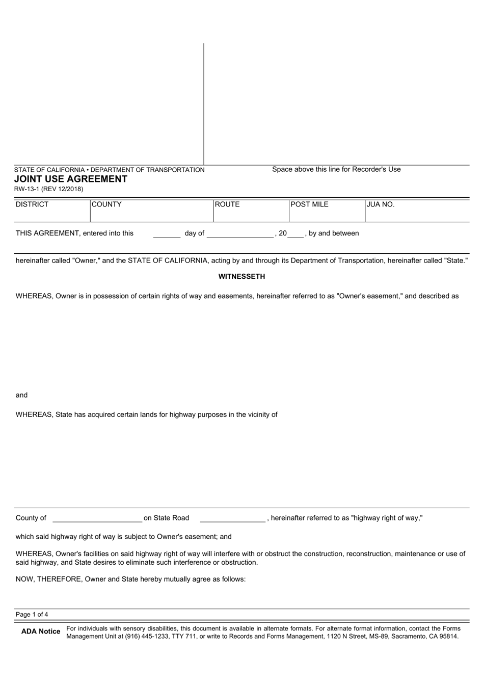 Form RW-13-1 Download Fillable PDF or Fill Online Joint Use Agreement ...