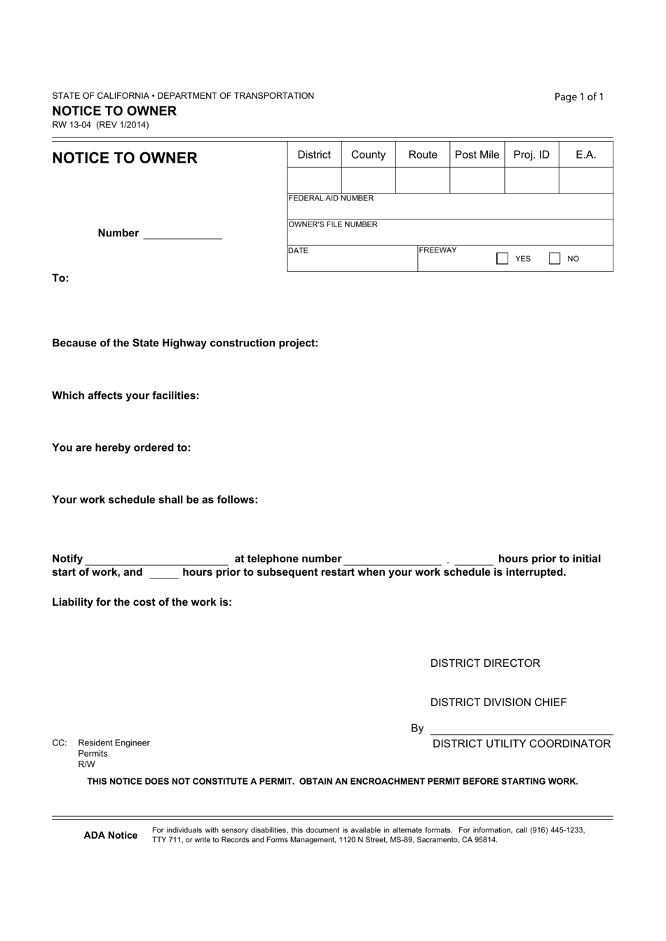 Form RW13-04 Notice to Owner - California, Page 1