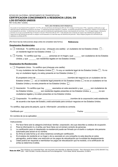 Formulario RW10-44S Certificacion Concerniente a Residencia Legal En Los Estados Unidos - California (Spanish)