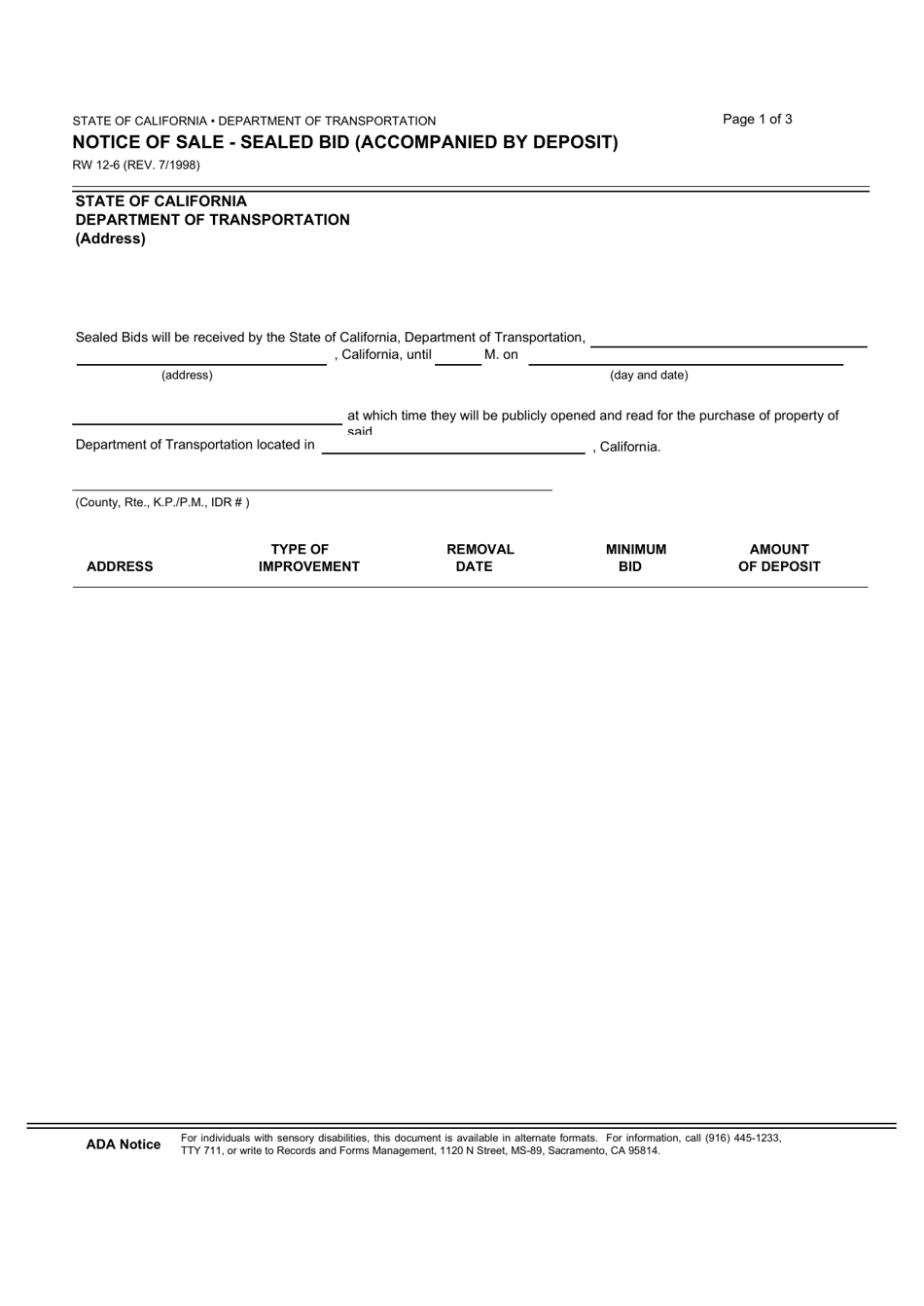 Form RW12-6 Notice of Sale - Sealed Bid (Accompanied by Deposit) - California, Page 1