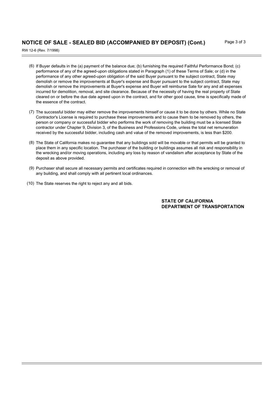 Form RW12-6 Notice of Sale - Sealed Bid (Accompanied by Deposit) - California, Page 3