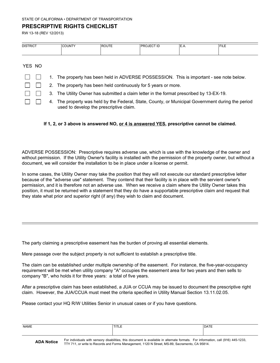 Form RW13-18 Prescriptive Rights Checklist - California, Page 1