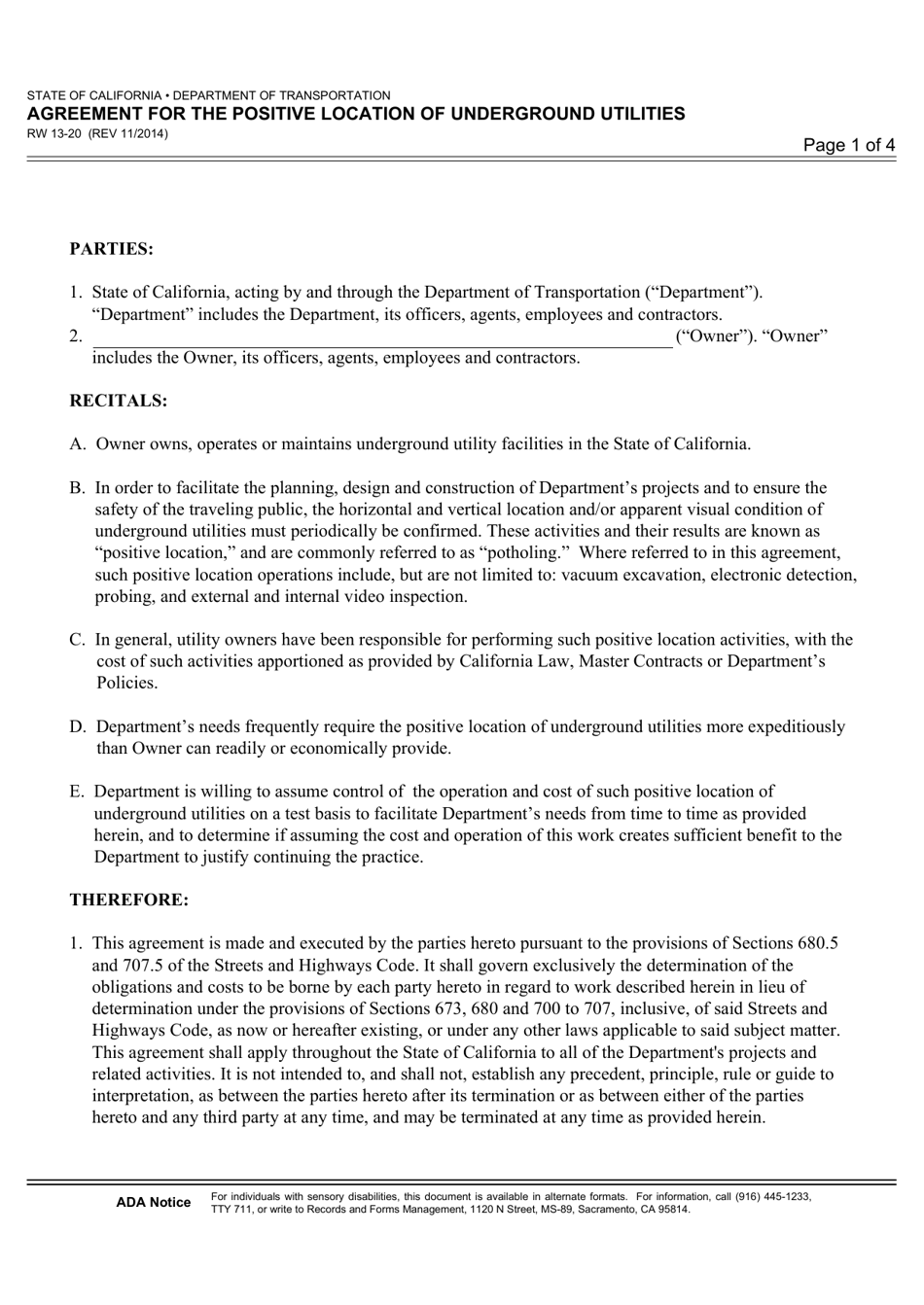 Form RW13-20 Agreement for the Positive Location of Underground Utilities - California, Page 1
