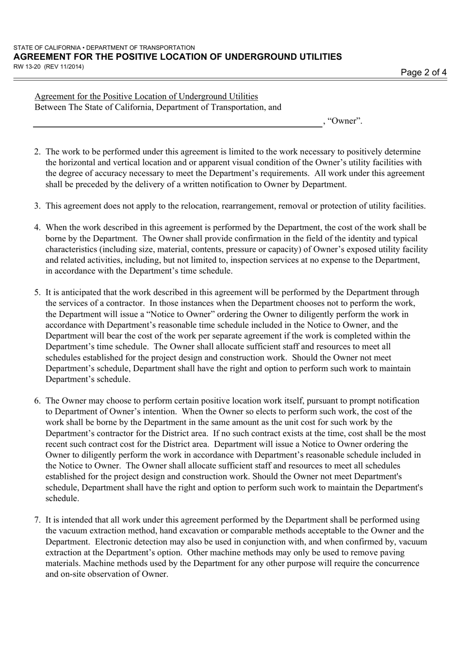 Form RW13-20 Agreement for the Positive Location of Underground Utilities - California, Page 2