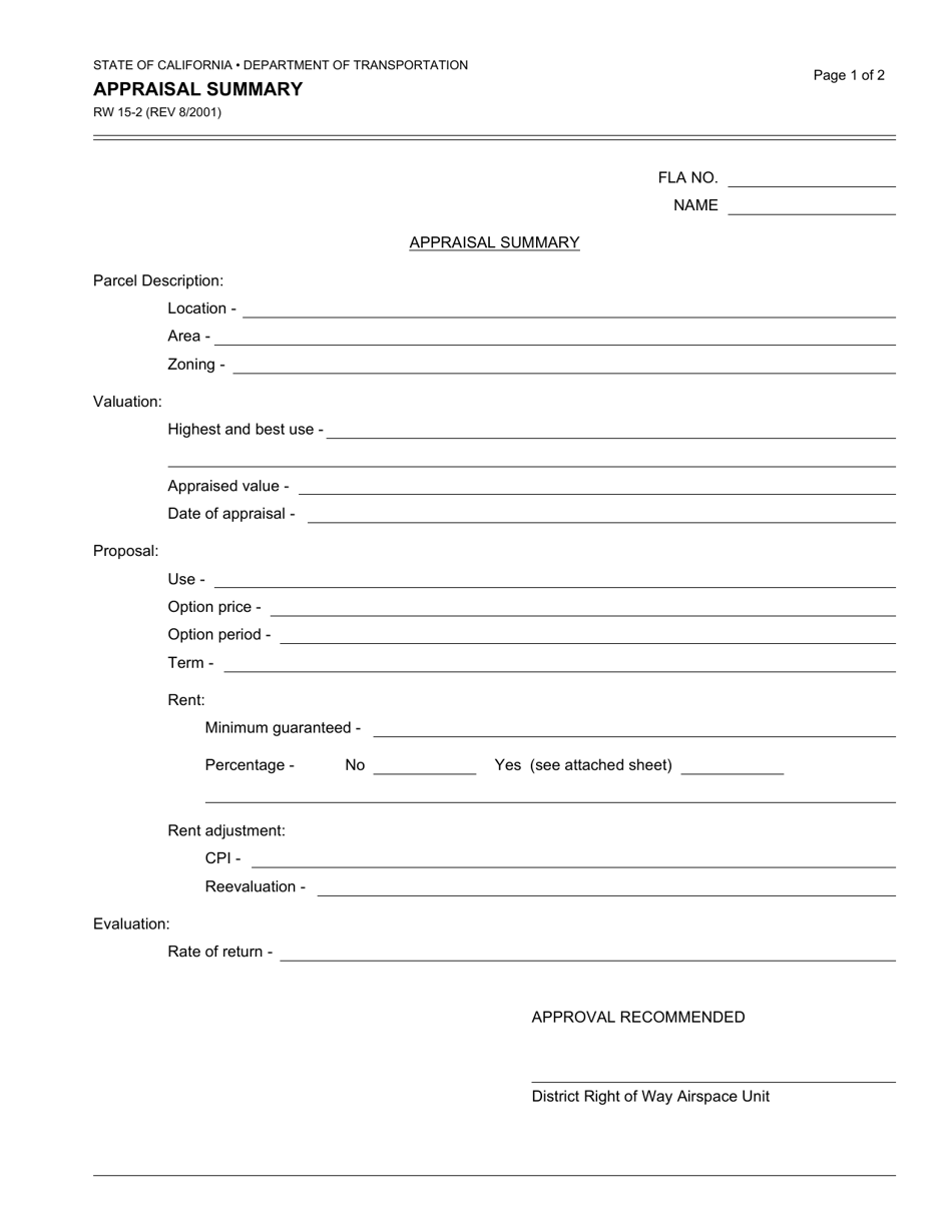 Form RW15-2 Appraisal Summary - California, Page 1