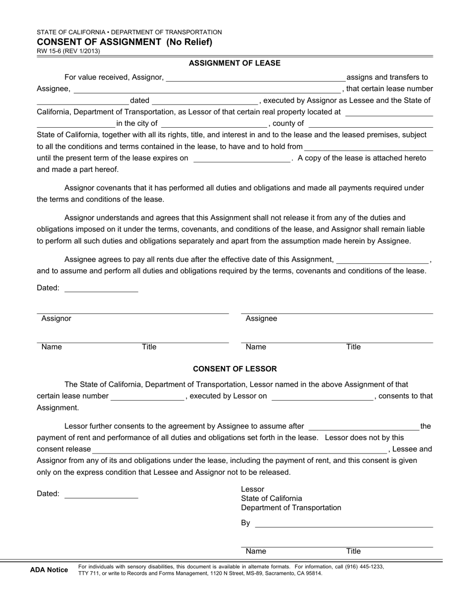 Form RW15-6 Consent of Assignment (No Relief) - California, Page 1