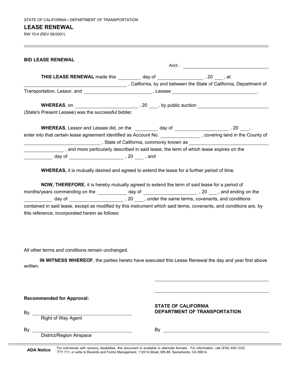 Form RW15-4 Bid Lease Renewal - California, Page 1