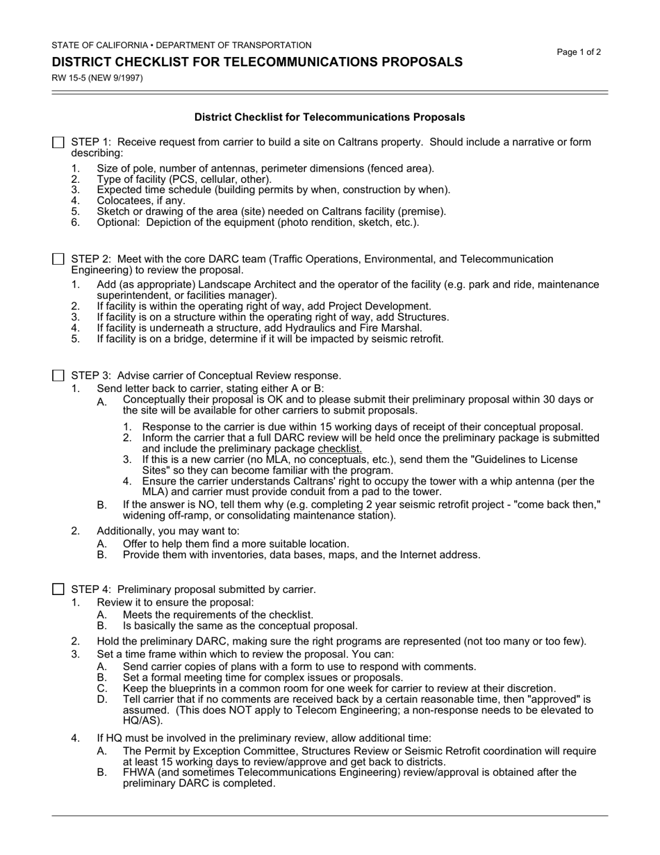 Form RW15-5 District Checklist for Telecommunications Proposals - California, Page 1