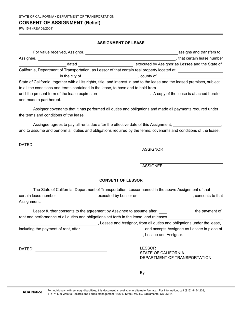 Form RW15-7 Consent of Assignment (Relief) - California, Page 1