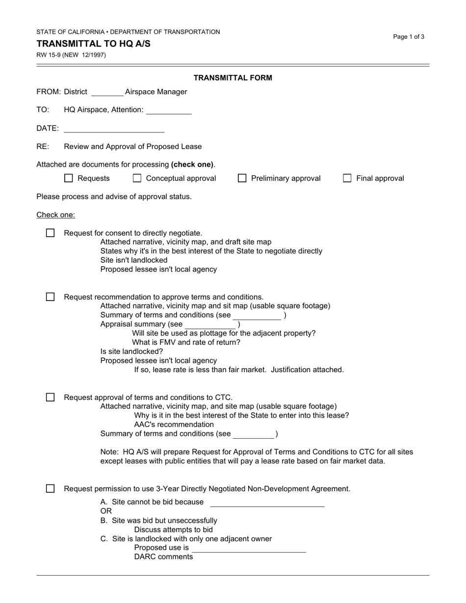 Form RW15-9 Transmittal to HQ a / S - California, Page 1