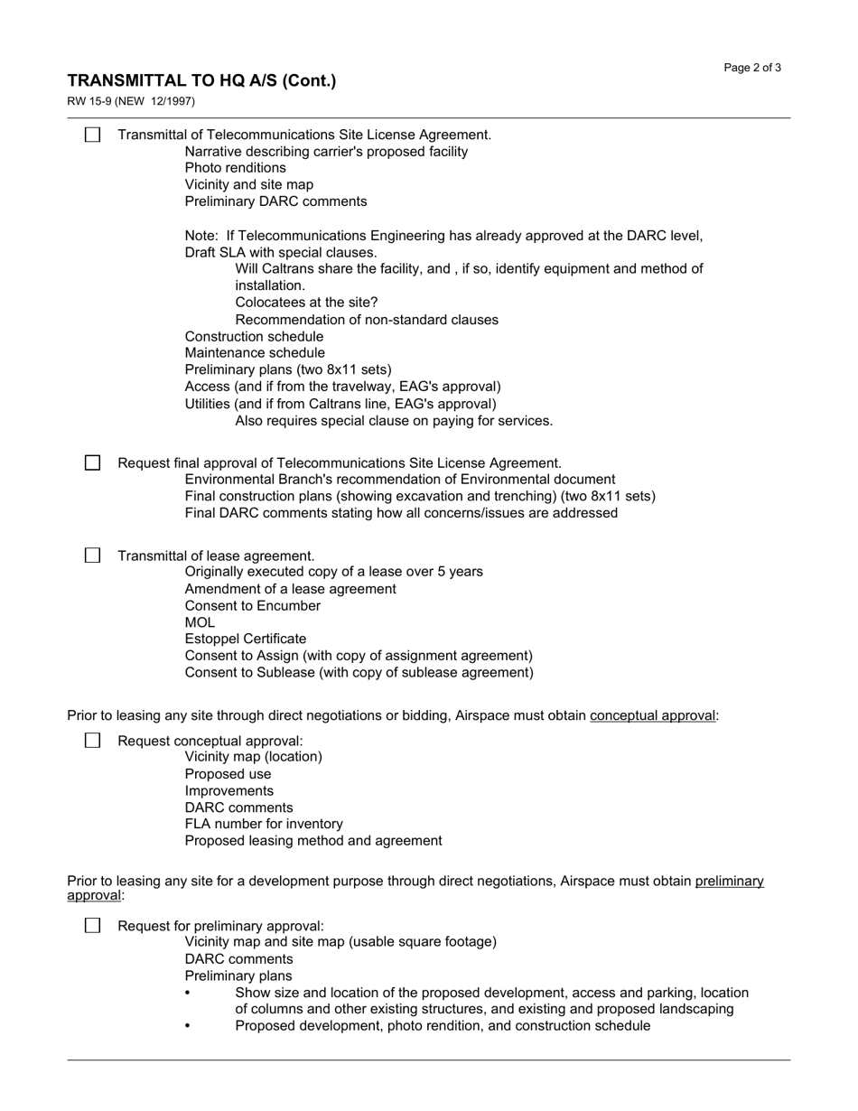 Form RW15-9 Transmittal to HQ a / S - California, Page 2