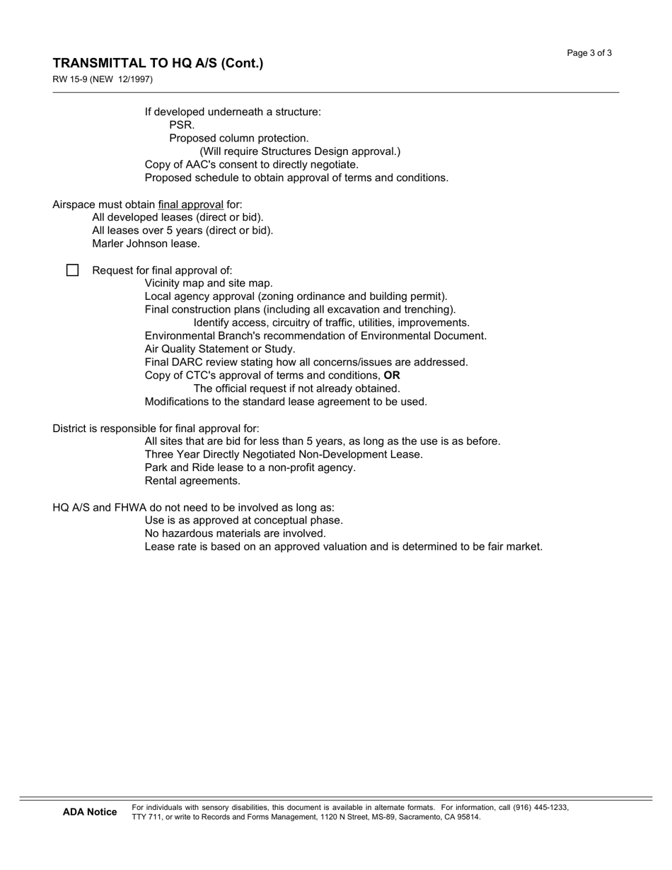 Form RW15-9 Transmittal to HQ a / S - California, Page 3