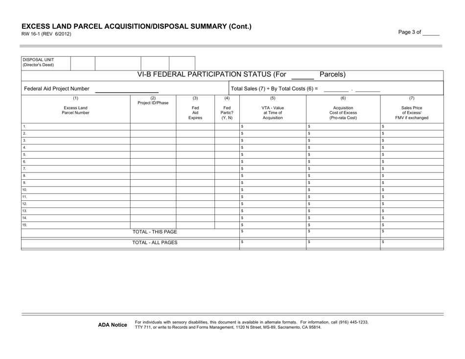 Form RW16-1 Excess Land Parcel Acquisition / Disposal Summary - California, Page 3