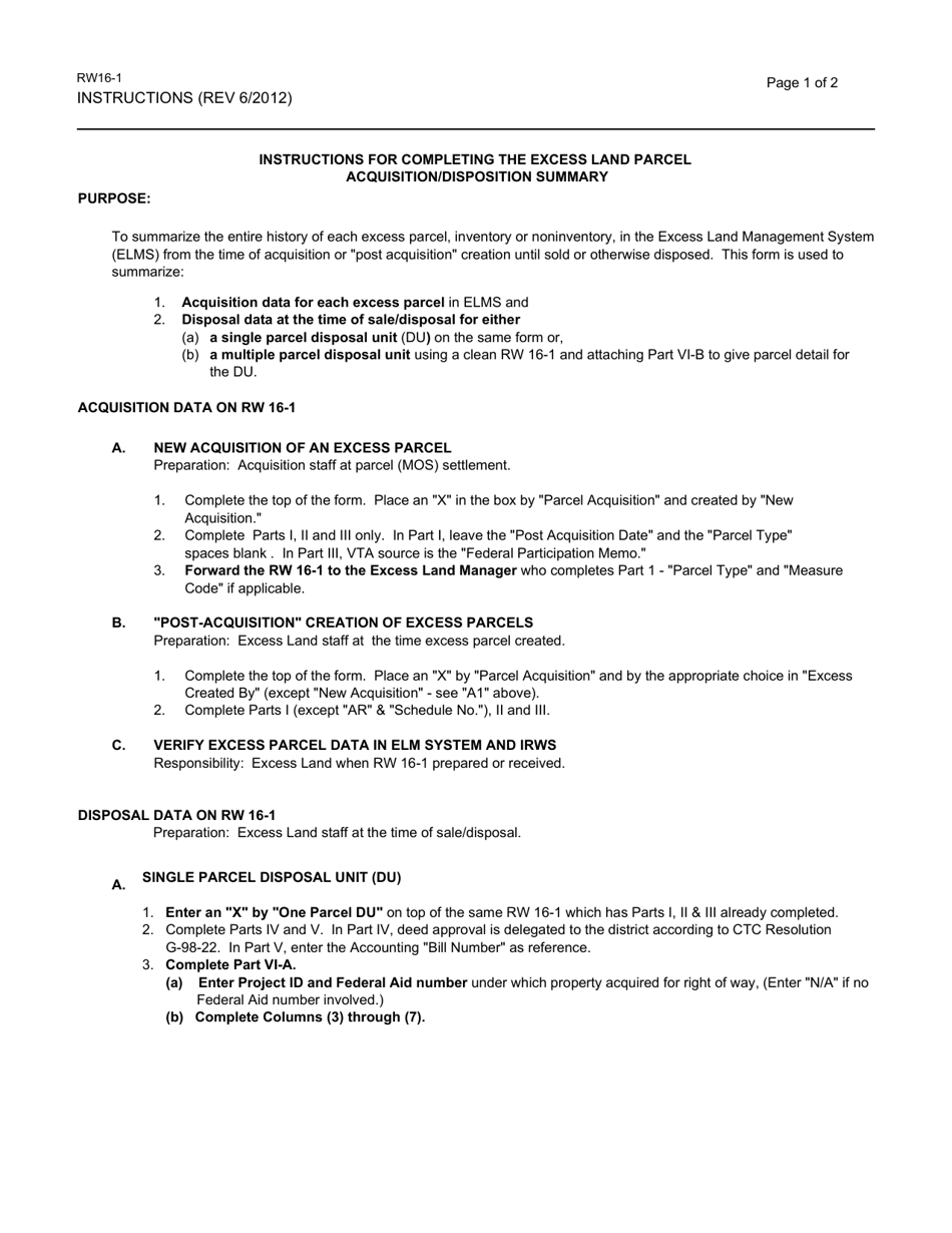 Form RW16-1 Excess Land Parcel Acquisition / Disposal Summary - California, Page 4