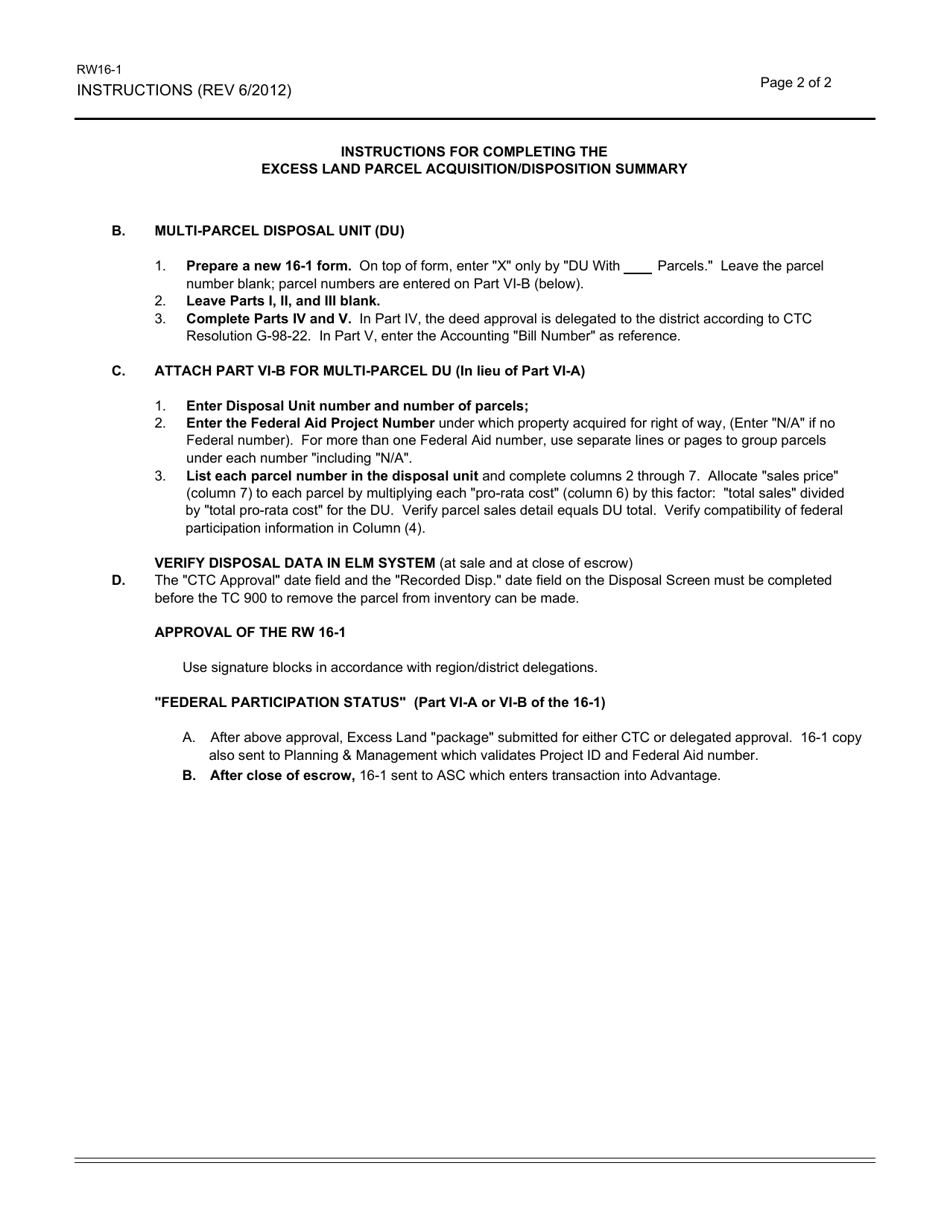 Form RW16-1 Excess Land Parcel Acquisition / Disposal Summary - California, Page 5