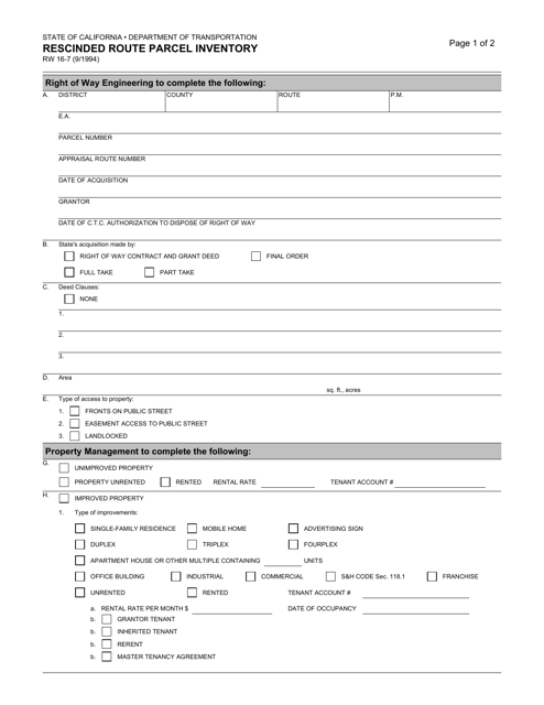 Form RW16-7 Rescinded Route Parcel Inventory - California