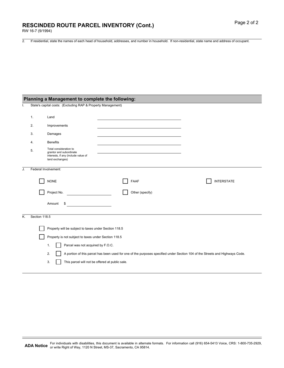Form RW16-7 Rescinded Route Parcel Inventory - California, Page 2
