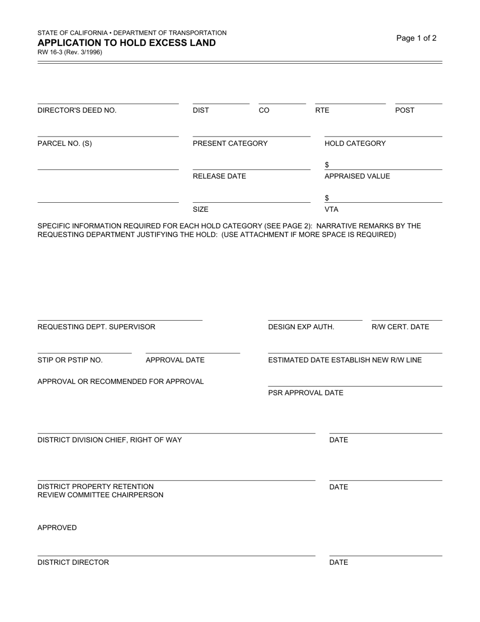 Form RW16-3 Application to Hold Excess Land - California, Page 1