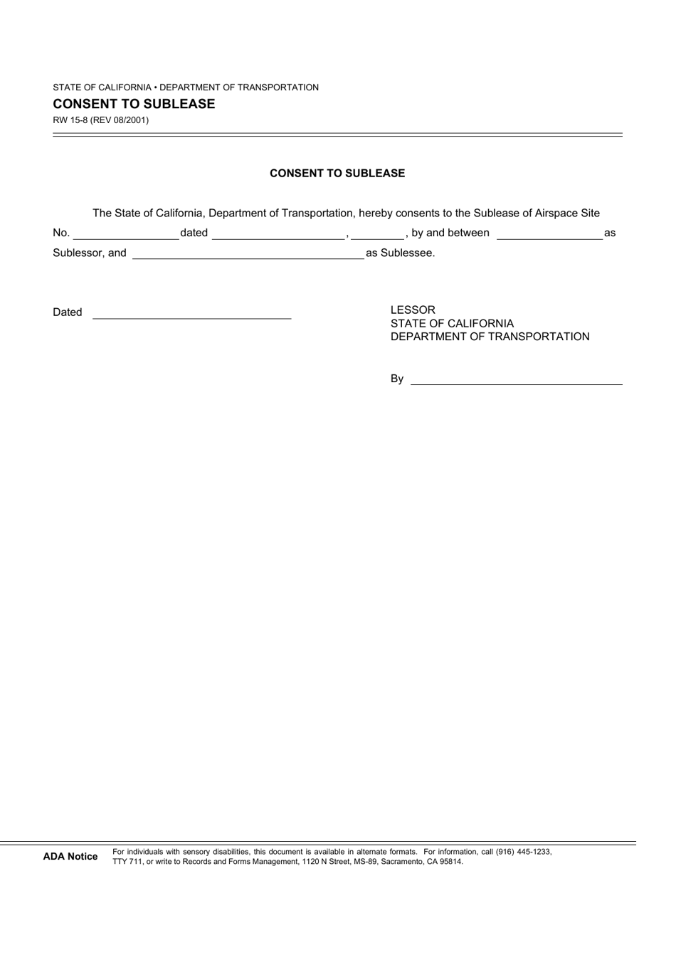 Form RW15-8 Consent to Sublease - California, Page 1