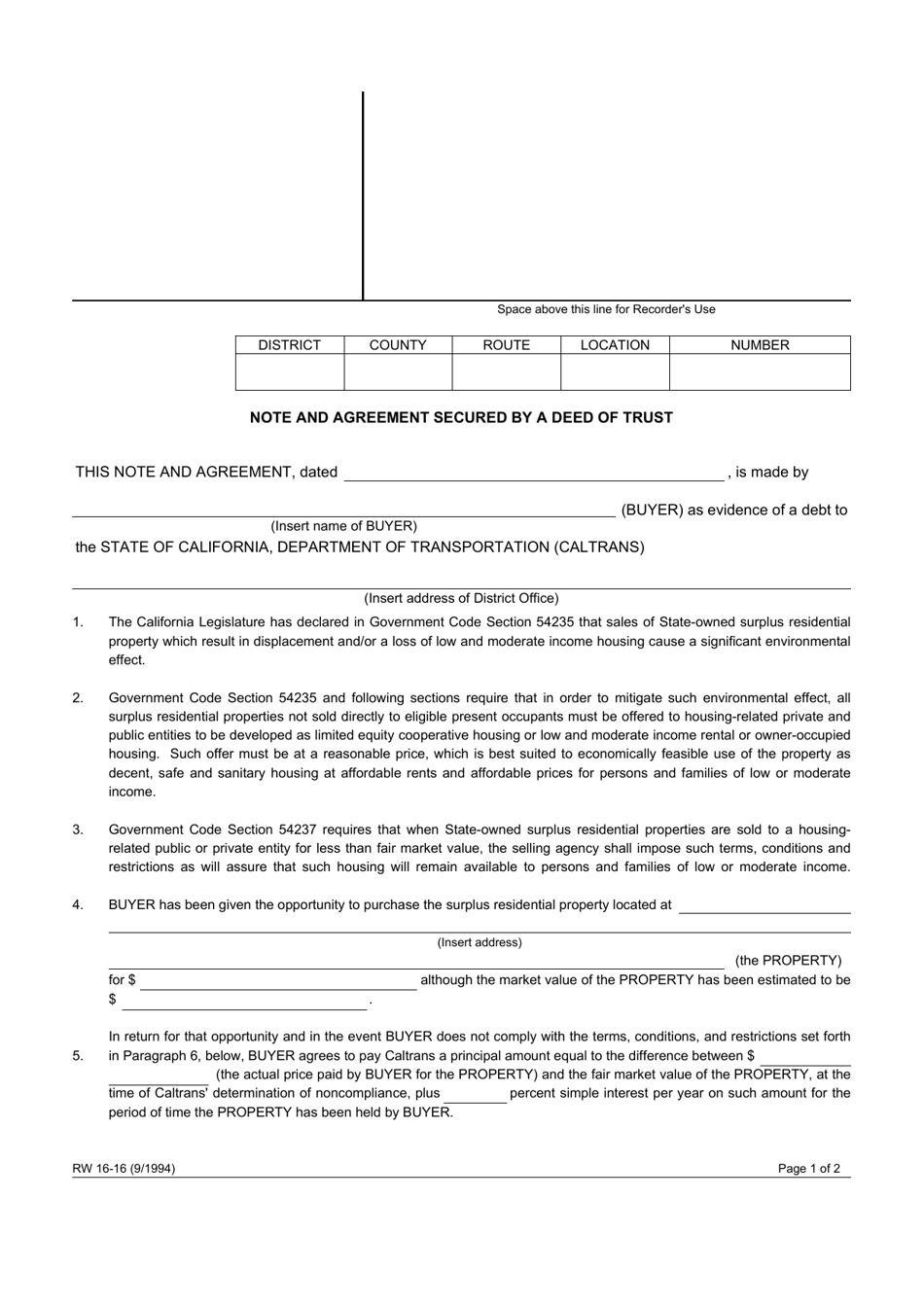 Form RW16-16 Note and Agreement Secured by a Deed of Trust - California, Page 1