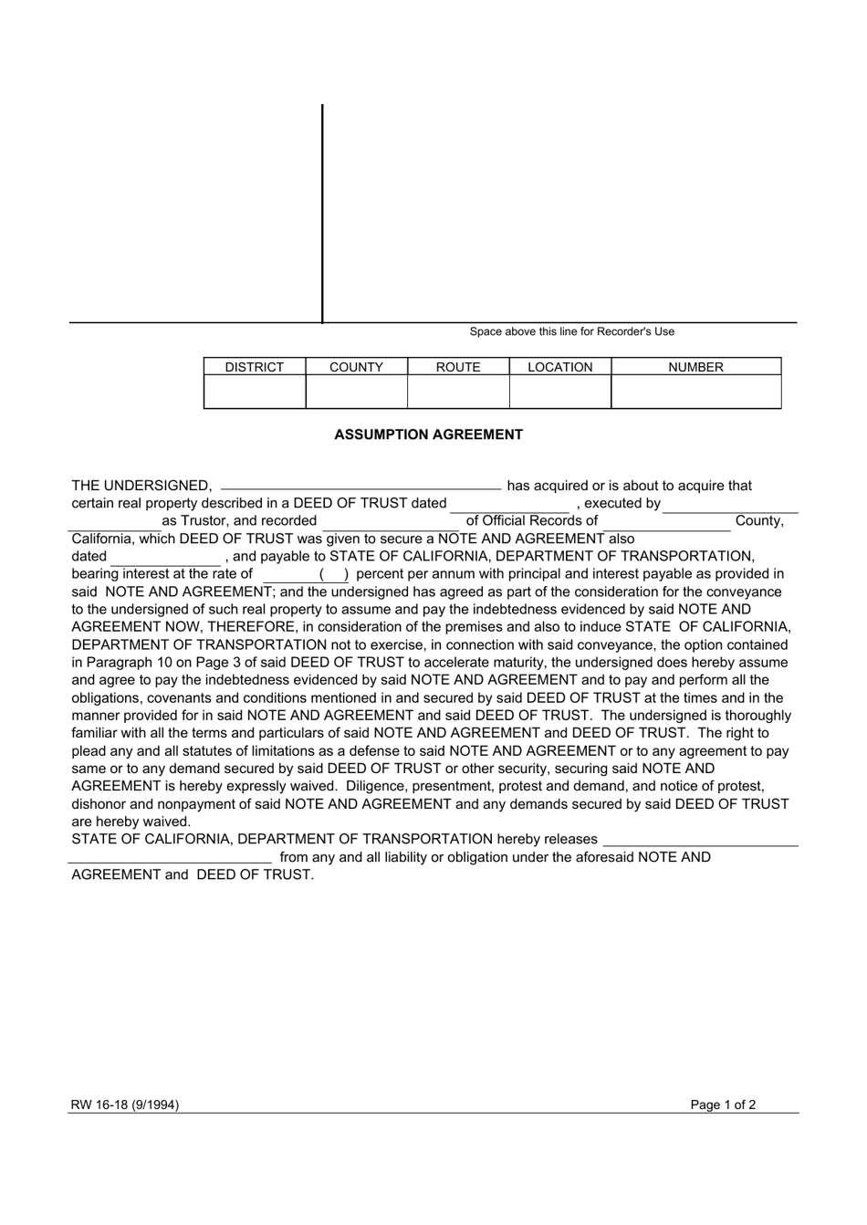 Form RW16-18 Assumption Agreement - California, Page 1