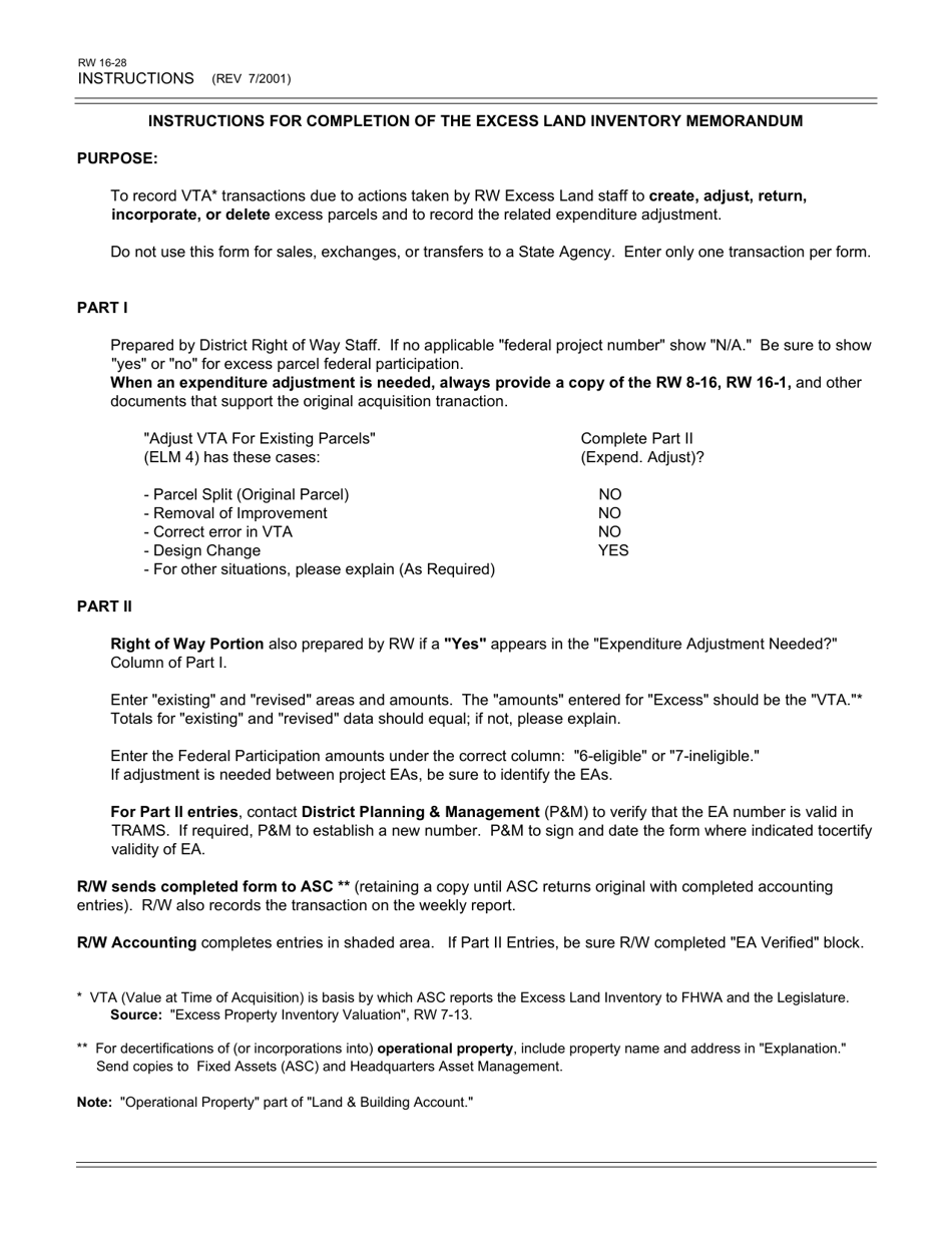 Form RW16-28 Excess Land Inventory Memorandum - California, Page 2