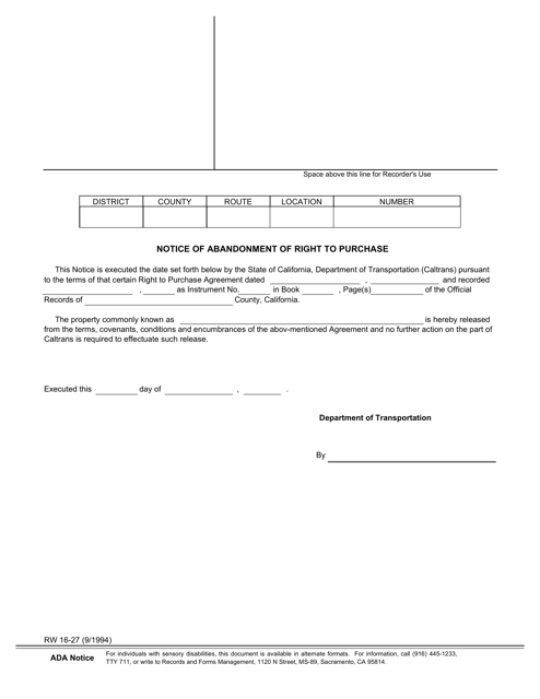 Form RW16-27  Printable Pdf