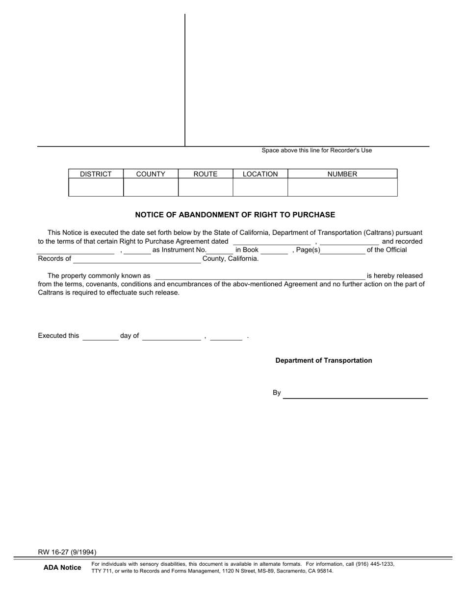 Form RW16-27 Notice of Abandonment of Right to Purchase - California, Page 1
