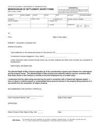 Document preview: Form RW8-13 Memorandum of Settlement (Short Form) - California