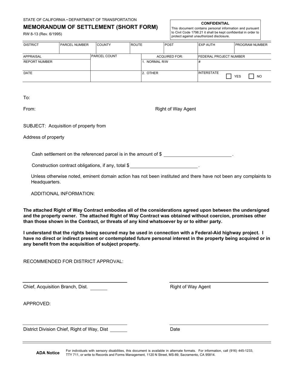 Form RW8-13 Memorandum of Settlement (Short Form) - California, Page 1