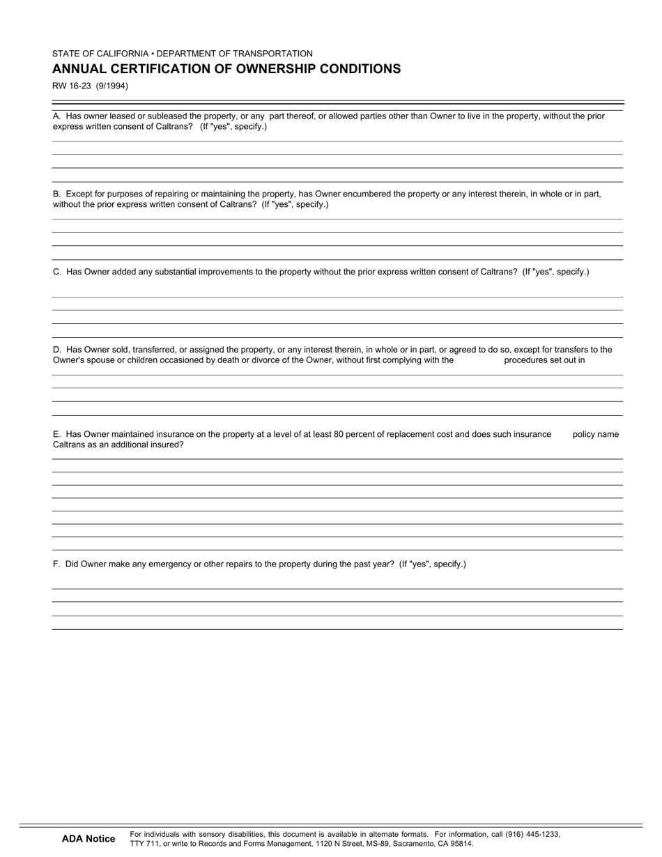 Form RW16-23 Annual Certification of Ownership Conditions - California, Page 1