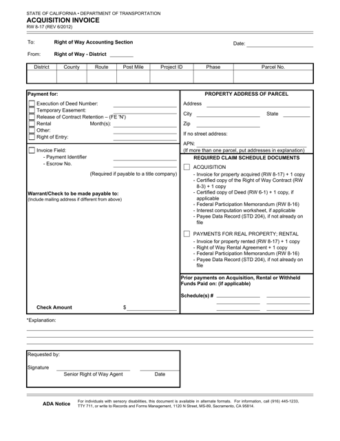 Form RW8-17 Acquisition Invoice - California