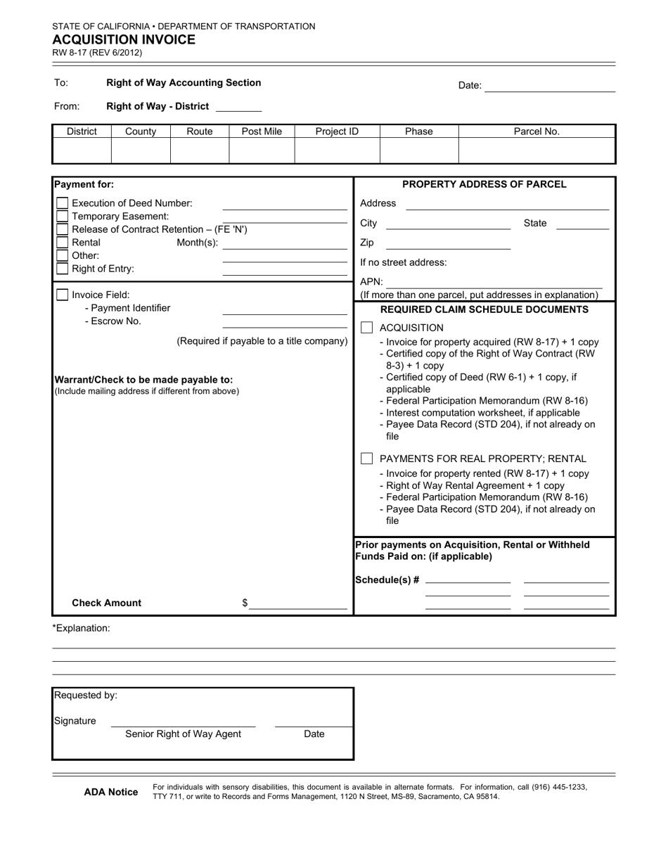 Form RW8-17 Acquisition Invoice - California, Page 1