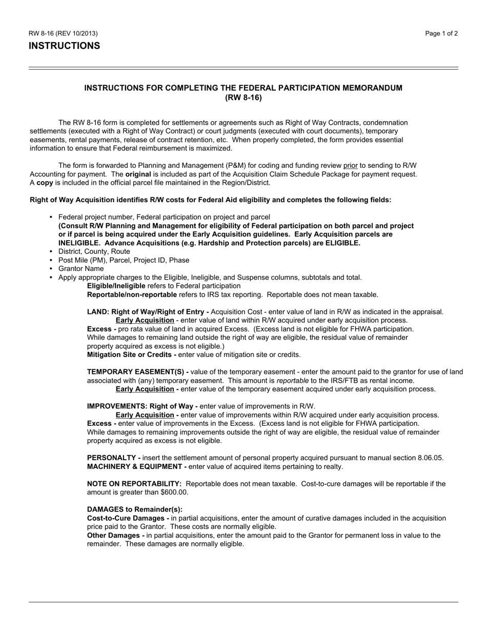 Form RW8-16 Federal Participation Memorandum - California, Page 2