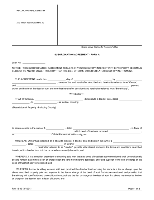 Form A (RW16-19) Subordination Agreement - California