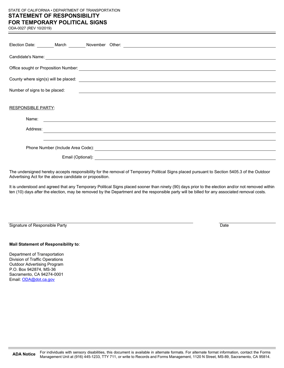 Form ODA-0027 Statement of Responsibility for Temporary Political Signs - California, Page 2