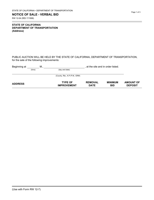 Form RW12-04 Notice of Sale - Verbal Bid - California