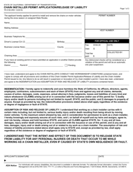 Form TR-0106 &quot;Chain Installer Permit Application/Release of Liability&quot; - California
