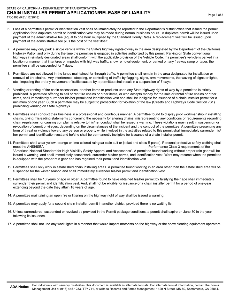 Form TR-0106 Chain Installer Permit Application / Release of Liability - California, Page 3