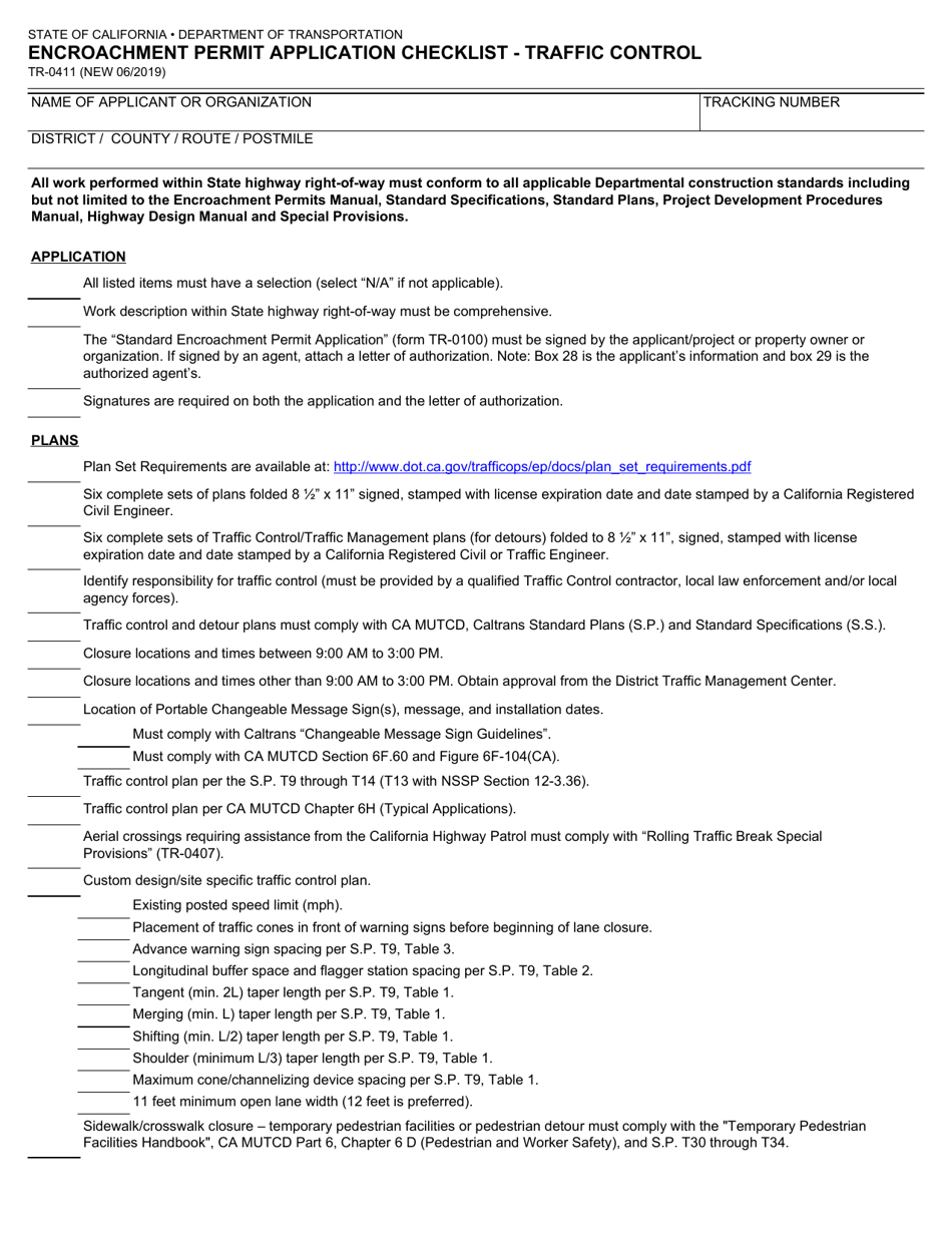Form TR-0411 Encroachment Permit Application Checklist - Traffic Control - California, Page 1
