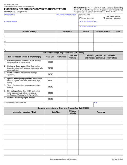 Form CHP148A - Fill Out, Sign Online and Download Fillable PDF ...