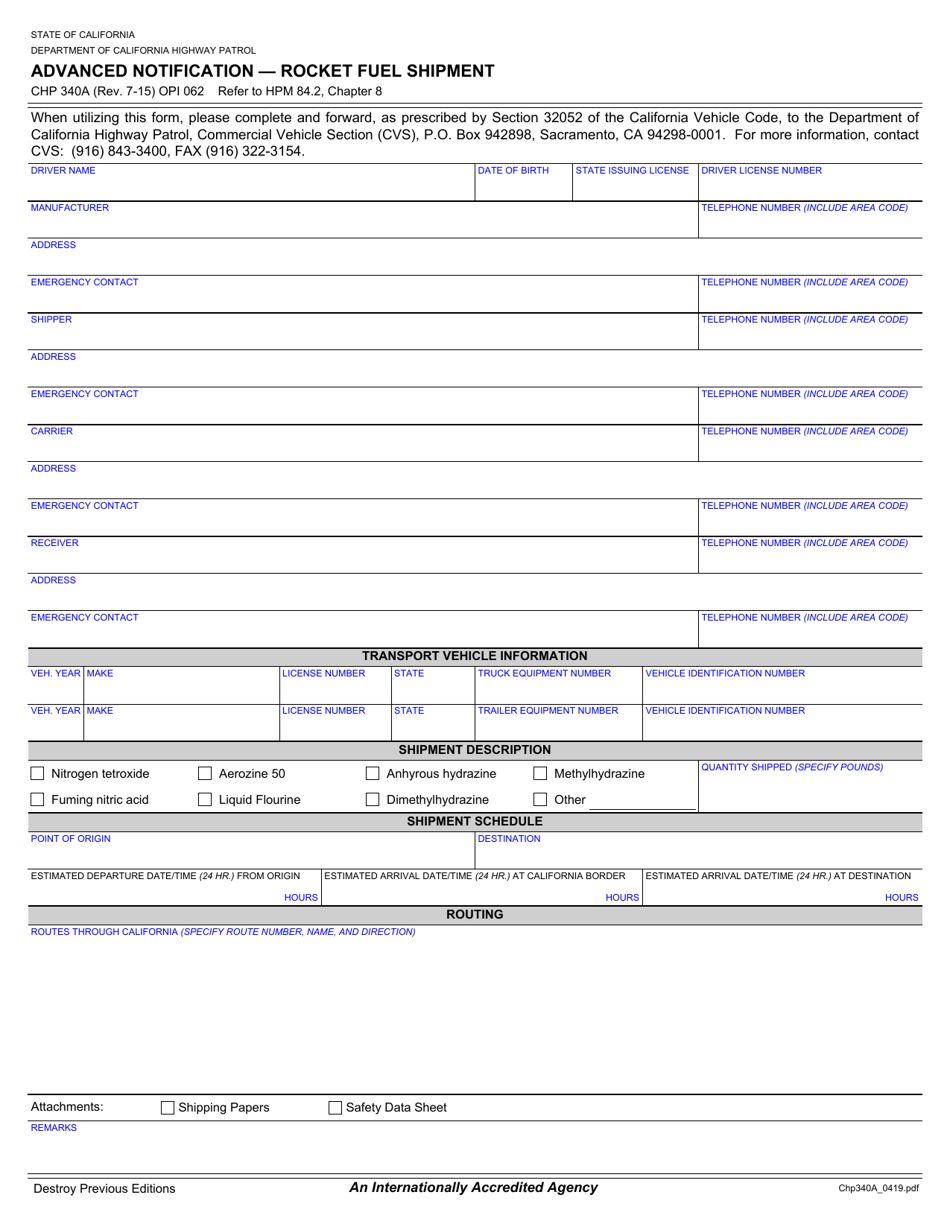 Form CHP340A Advanced Notification - Rocket Fuel Shipment - California, Page 1