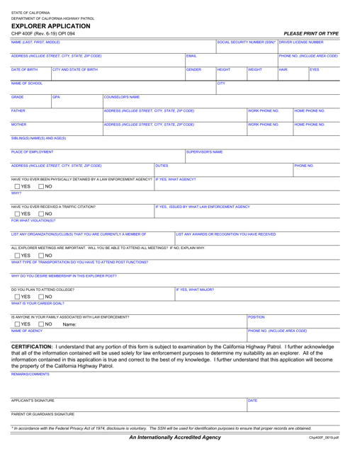 Form CHP400F Explorer Application - California