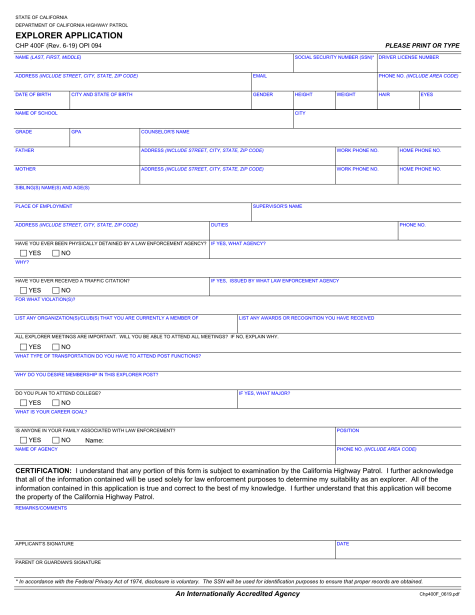 Form CHP400F Explorer Application - California, Page 1