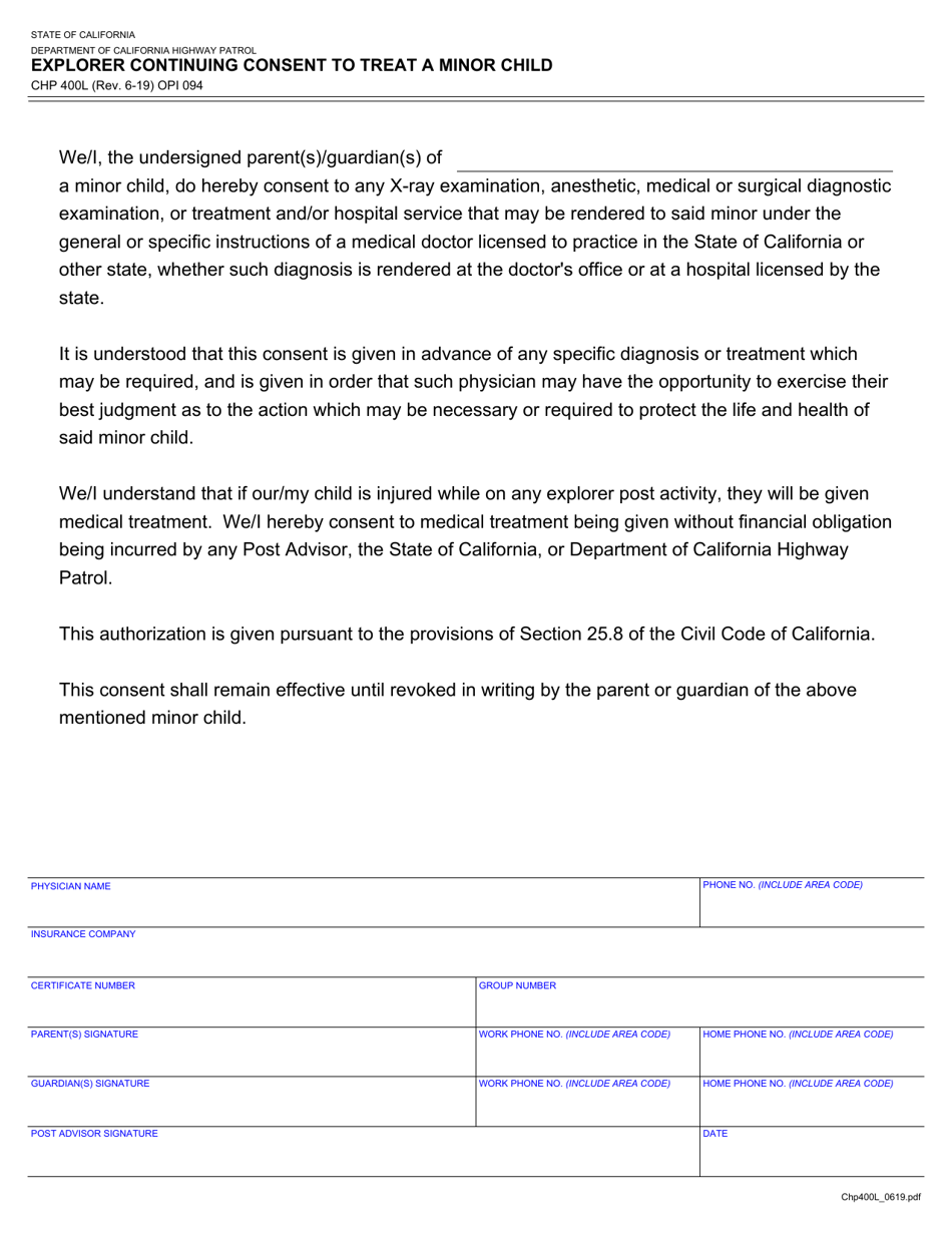 Form CHP400L Explorer Continuing Consent to Treat a Minor Child - California, Page 1