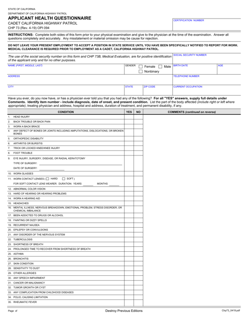 Form CHP73 Applicant Health Questionnaire - California