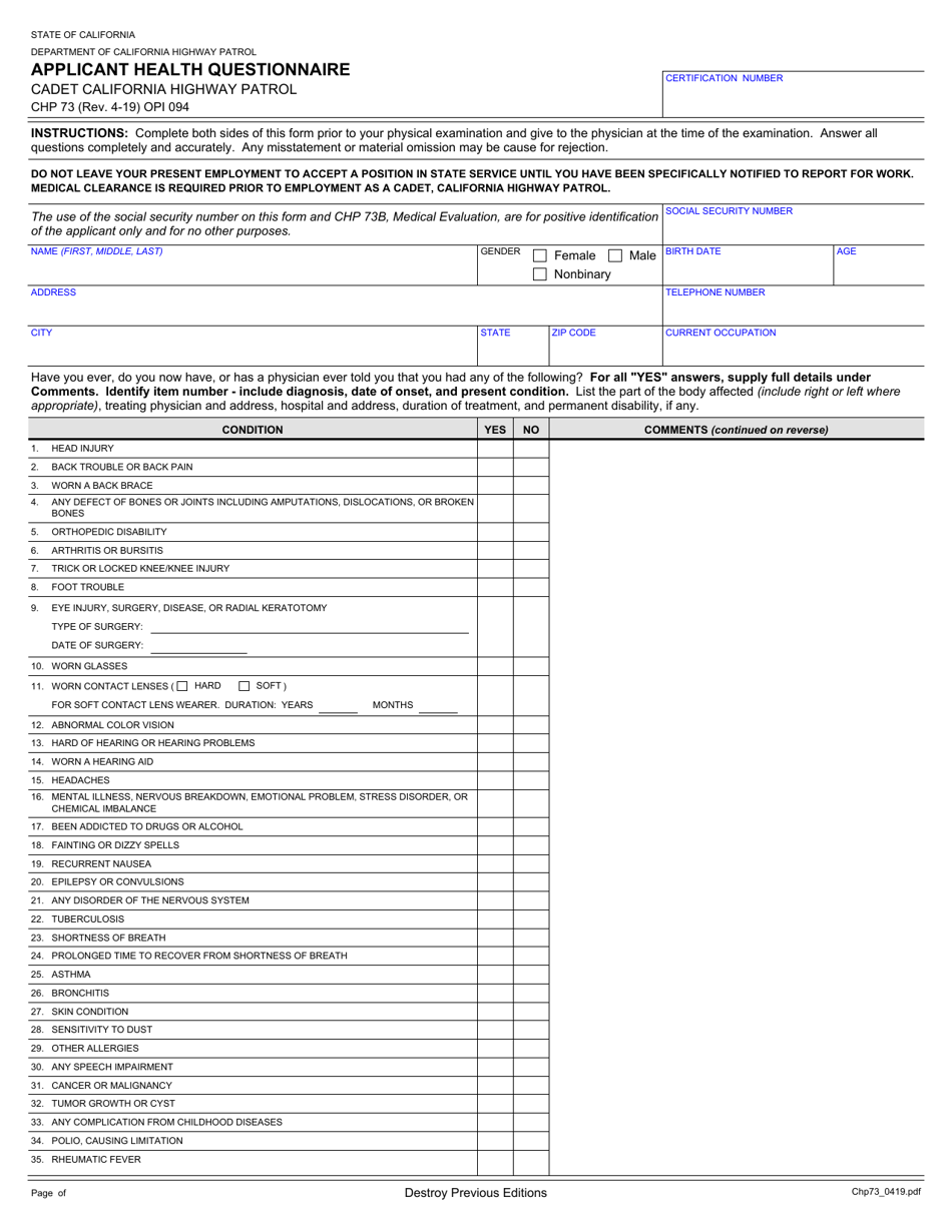 Form CHP73 Applicant Health Questionnaire - California, Page 1