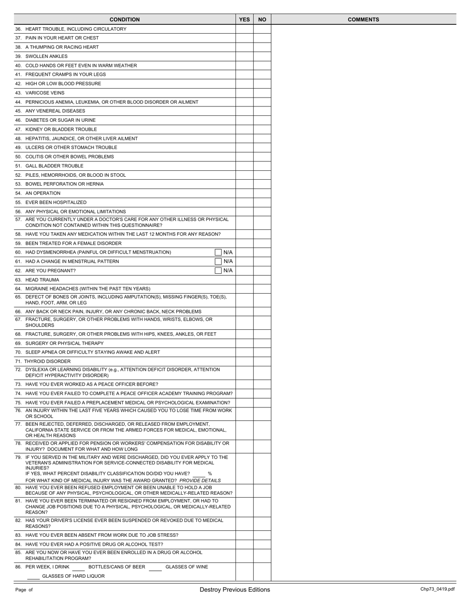 Form CHP73 Applicant Health Questionnaire - California, Page 2