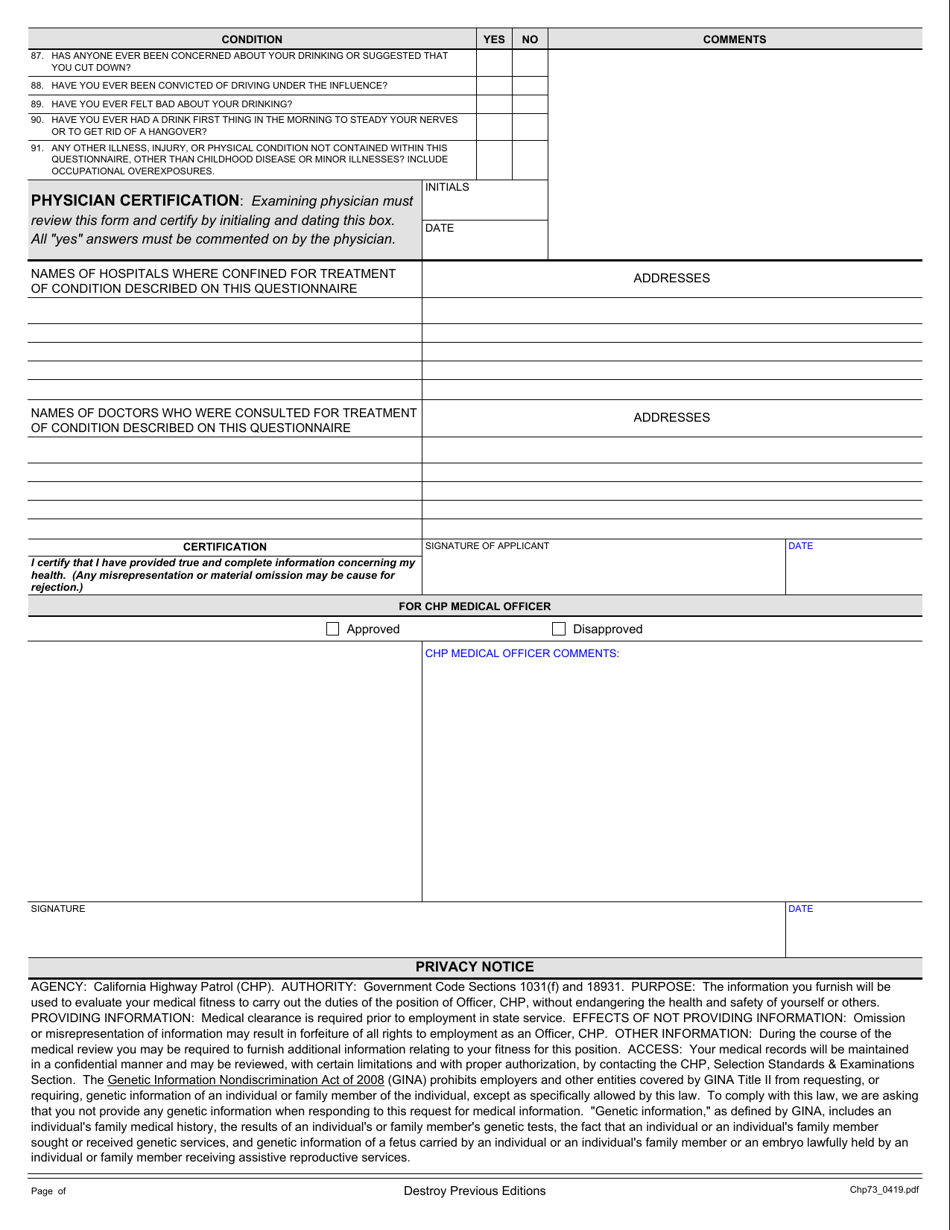 Form CHP73 Applicant Health Questionnaire - California, Page 3