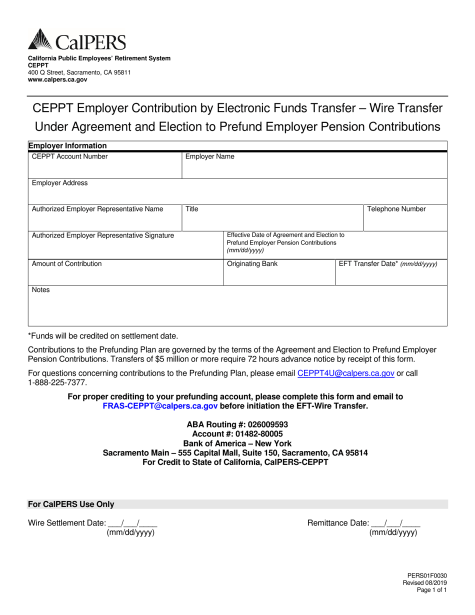 Form PERS01F0030 CEPPT Employer Contribution by Electronic Funds Transfer - Wire Transfer Under Agreement and Election to Prefund Employer Pension Contributions - California, Page 1